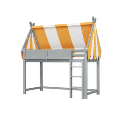 Full Size Loft Bed with Canopy, LED Lights & Book Shelf, Gray