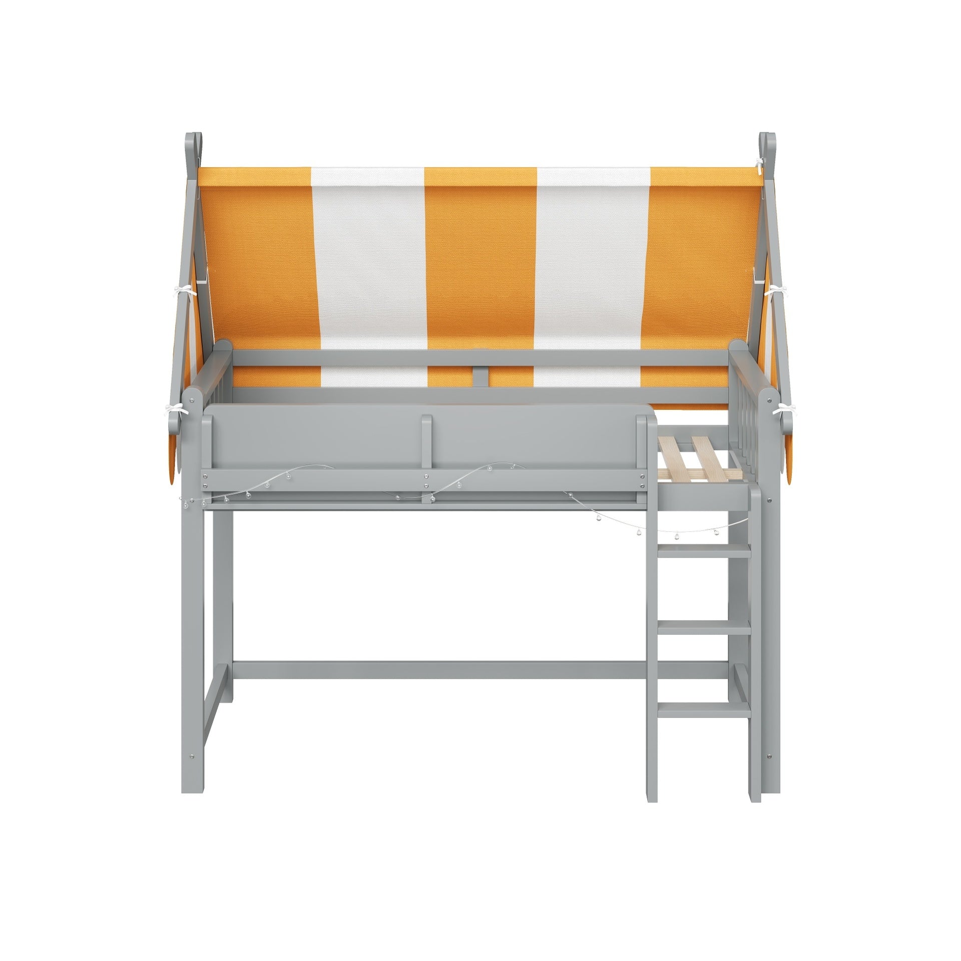 Full Size Loft Bed with Canopy, LED Lights & Book Shelf, Gray