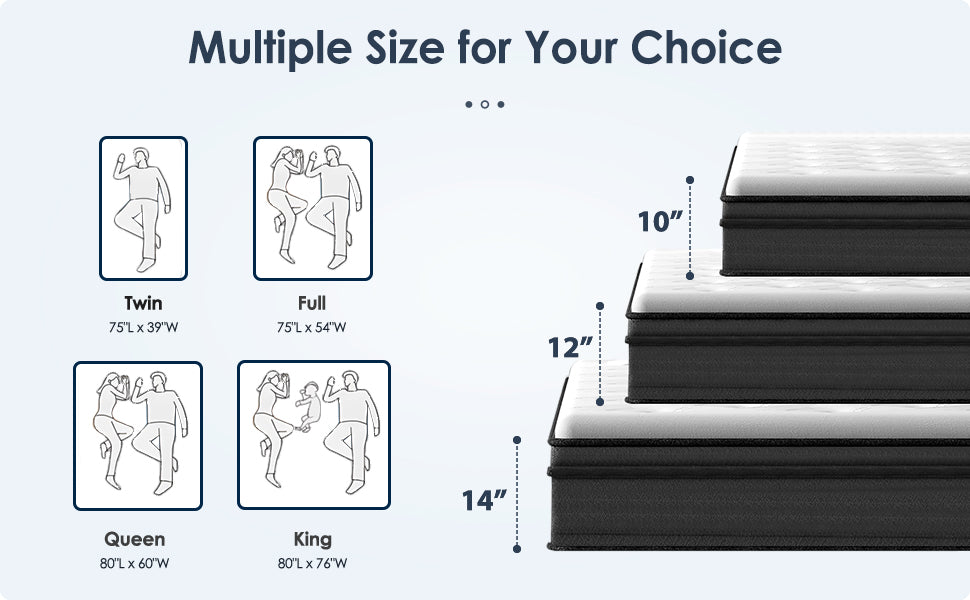 Queen Size Mattress,12 Inch Hybrid Mattress, Individually Pocketed Innerspring, Medium Firm