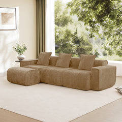 Streamlined Design Modular 3 Seat L Shape Sectional Boneless Sofa with French Edge Piping, No Assembly Required, 3-Seat Sofa Couch with Throw Pillows and 1 Movable Ottoman, Velvet Fabric Brown