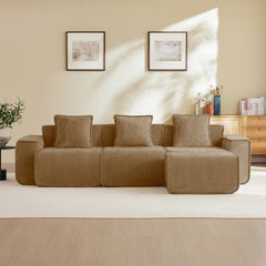 Streamlined Design Modular 3 Seat L Shape Sectional Boneless Sofa with French Edge Piping, No Assembly Required, 3-Seat Sofa Couch with Throw Pillows and 1 Movable Ottoman, Velvet Fabric Brown