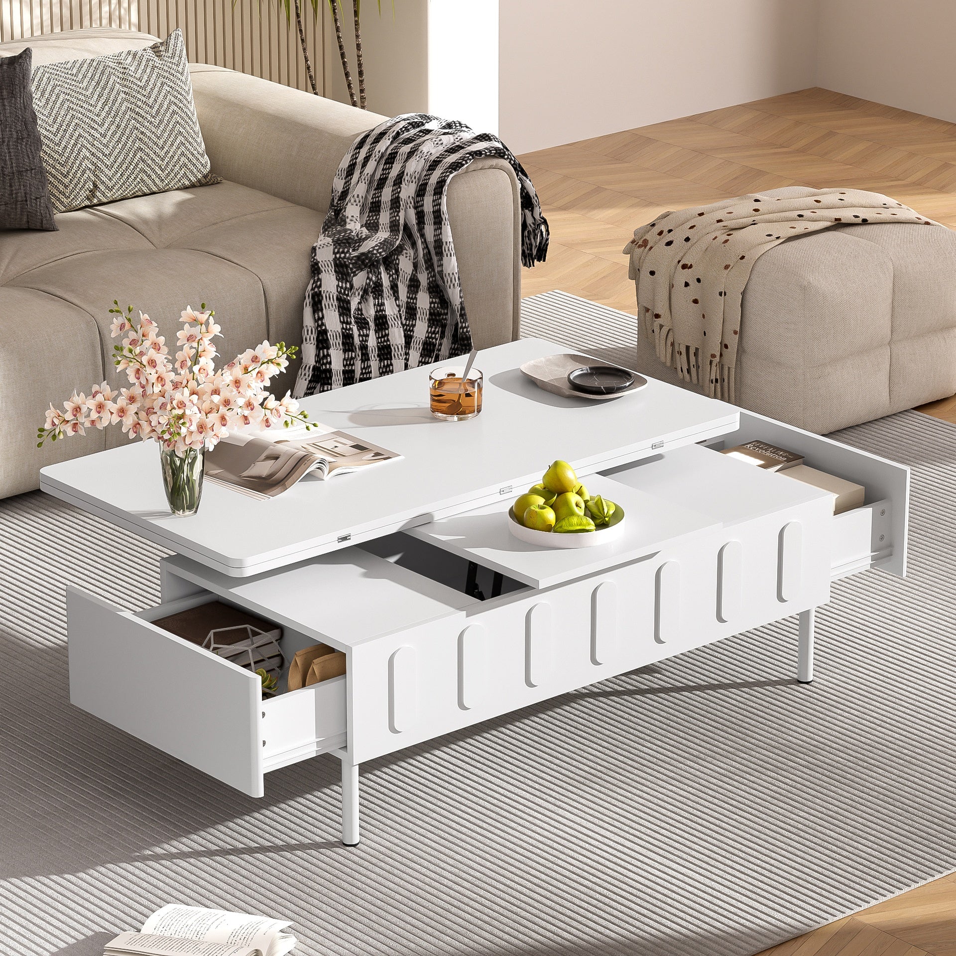 [Video Provided]VIBE HAUS  Lift-Top Coffee Table with Drawers, Modern Center Table with Foldable Top, Multi-Functional Adjustable Coffee Table with Hidden Storage Compartment for Living Room
