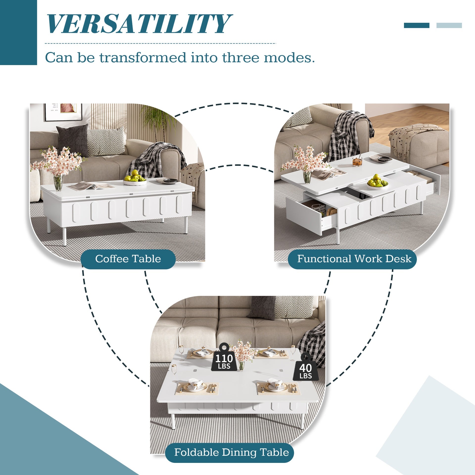 [Video Provided]VIBE HAUS  Lift-Top Coffee Table with Drawers, Modern Center Table with Foldable Top, Multi-Functional Adjustable Coffee Table with Hidden Storage Compartment for Living Room