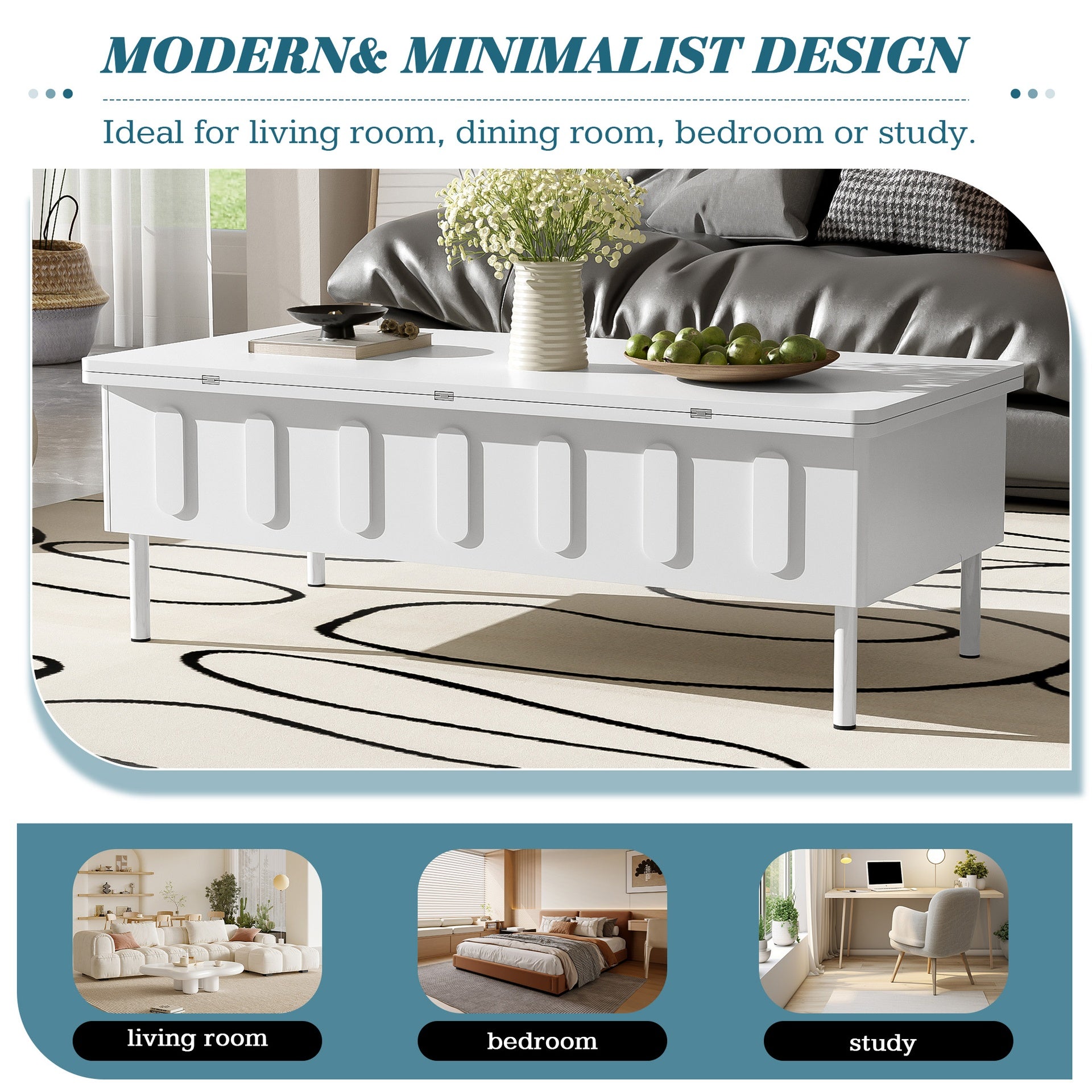 [Video Provided]VIBE HAUS  Lift-Top Coffee Table with Drawers, Modern Center Table with Foldable Top, Multi-Functional Adjustable Coffee Table with Hidden Storage Compartment for Living Room