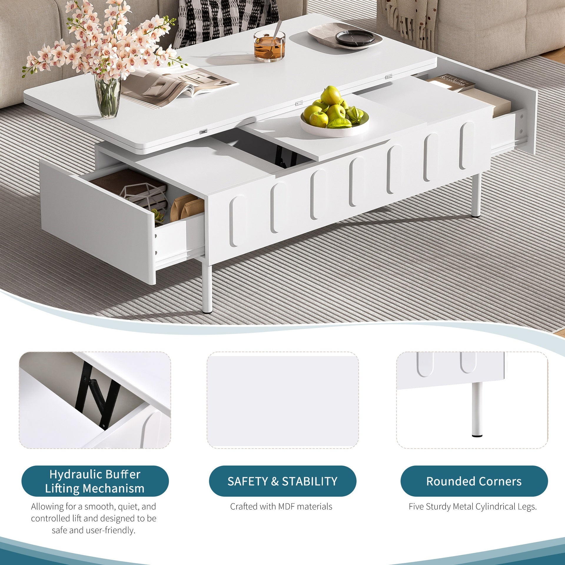 [Video Provided]VIBE HAUS  Lift-Top Coffee Table with Drawers, Modern Center Table with Foldable Top, Multi-Functional Adjustable Coffee Table with Hidden Storage Compartment for Living Room