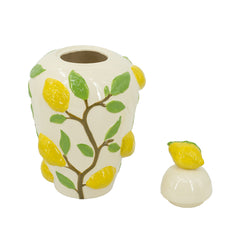 8.7x8.7x15" White Ceramic Lidded Jar with Playful Lemon Design