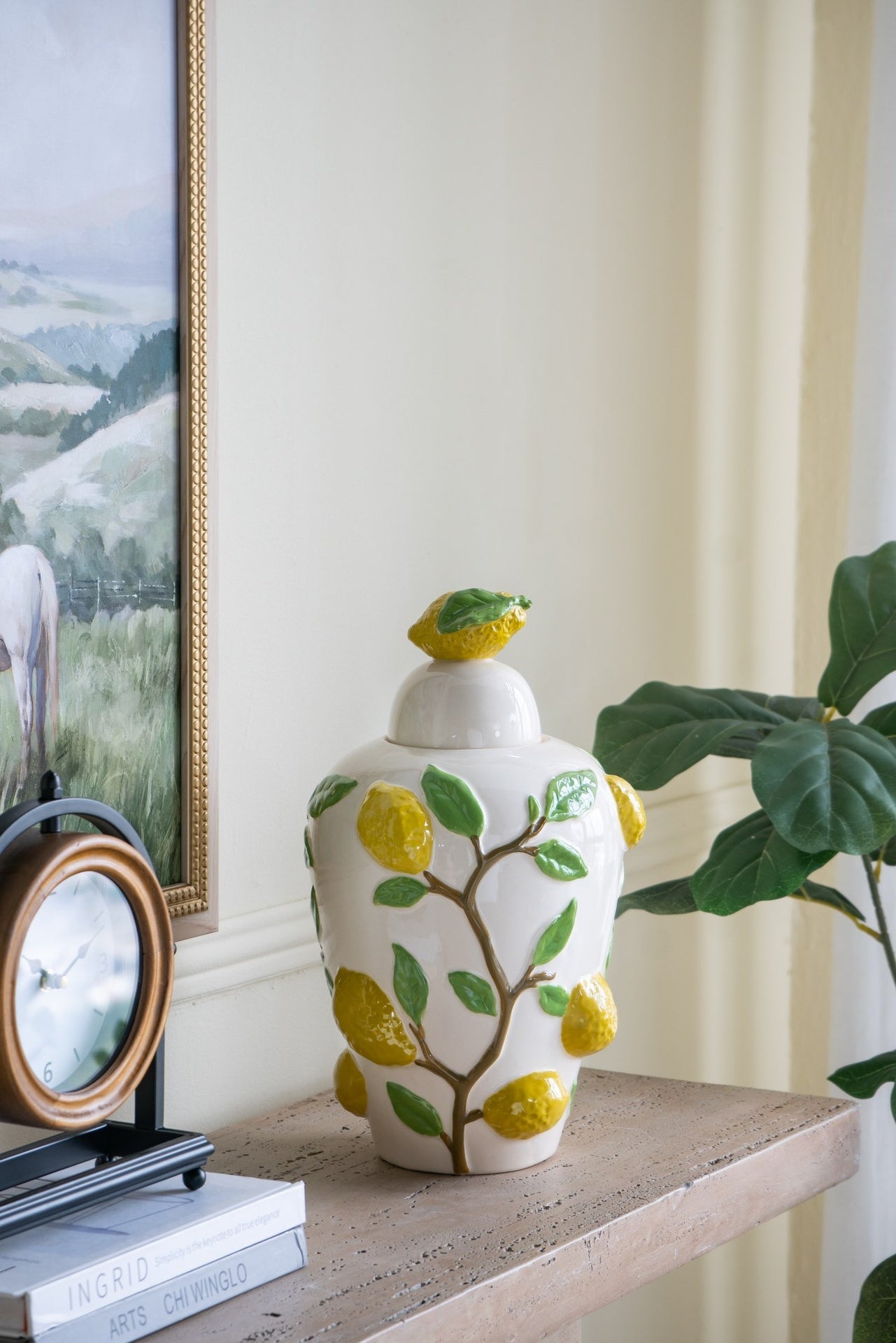 8.7x8.7x15" White Ceramic Lidded Jar with Playful Lemon Design