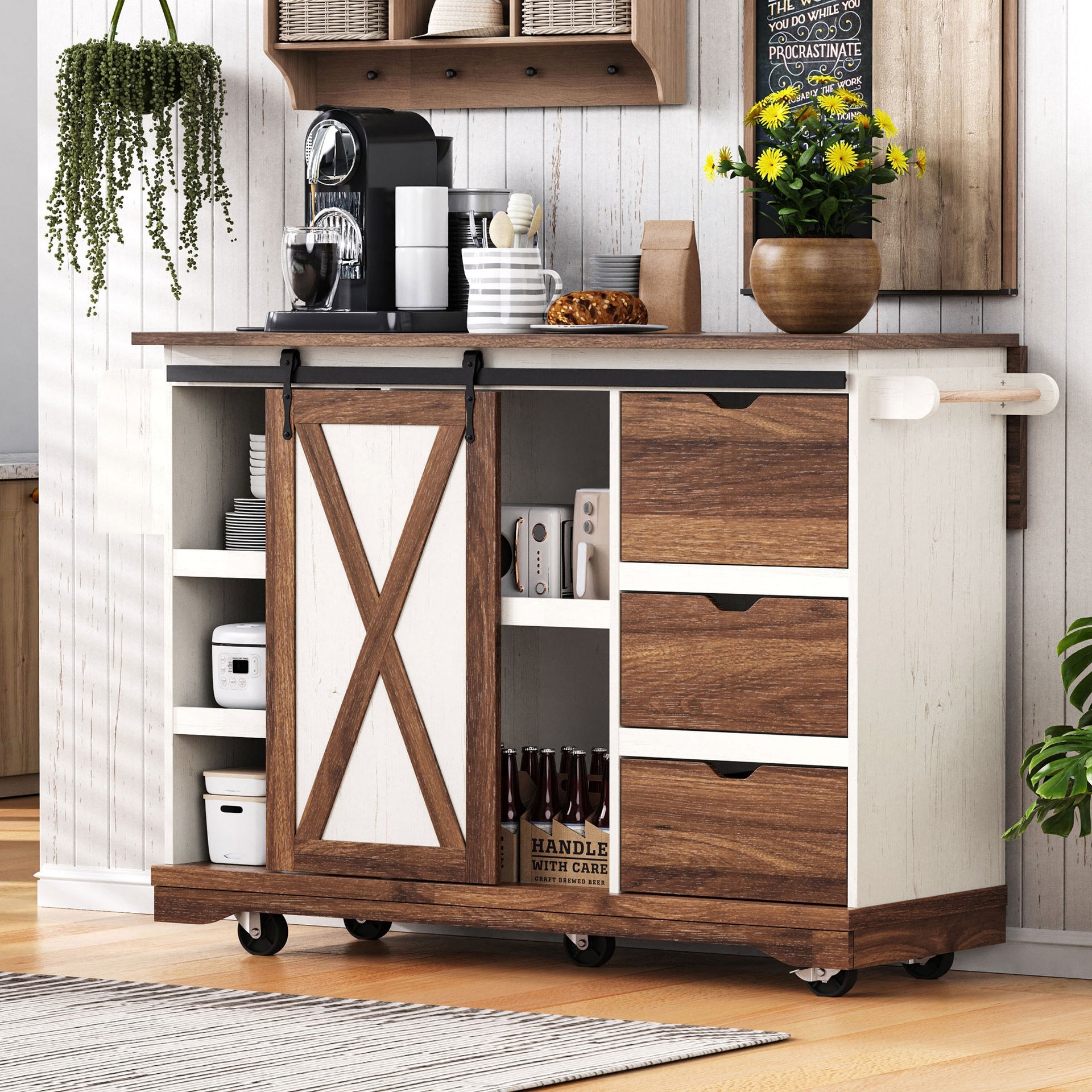 K&K 55.5" Farmhouse Kitchen Island with Drop Leaf, Kitchen Storage Island with Barn Door, Power Outlet, Rolling Kitchen Cart on Wheels with Spice Rack, for Home, Kitchen, Dining Room, White