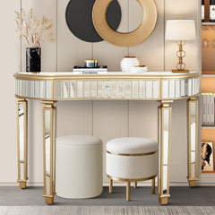 47" Half-Moon Mirrored Console Table with Fluted Glass & Crystal Knob Drawer - Silver Entryway Vanity Desk for Bedroom/Dressing Room(Gold+Sliver)