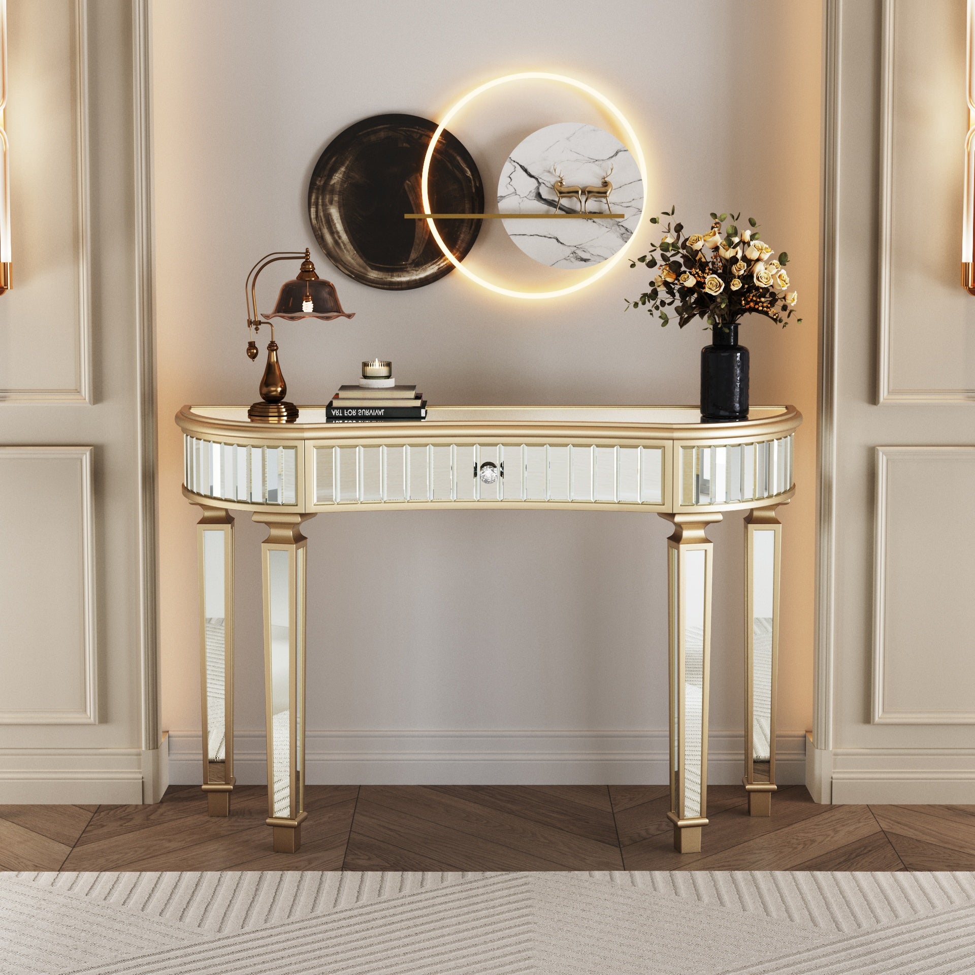 47" Half-Moon Mirrored Console Table with Fluted Glass & Crystal Knob Drawer - Silver Entryway Vanity Desk for Bedroom/Dressing Room(Gold+Sliver)