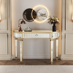 47" Half-Moon Mirrored Console Table with Fluted Glass & Crystal Knob Drawer - Silver Entryway Vanity Desk for Bedroom/Dressing Room(Gold+Sliver)