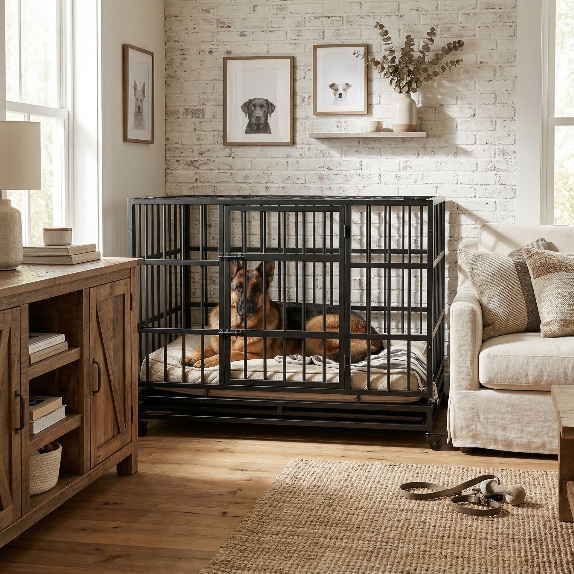 48 Inch Heavy Duty Indestructible Dog Crate with Wheels, Folding Metal Big Dog Cage for Large and Medium Dogs, Cage with Removable Plastic Tray