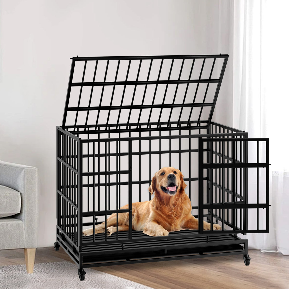 48 Inch Heavy Duty Indestructible Dog Crate with Wheels, Folding Metal Big Dog Cage for Large and Medium Dogs, Cage with Removable Plastic Tray
