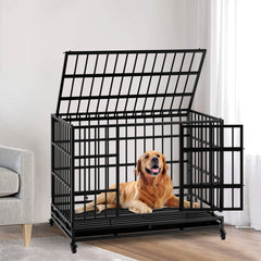 48 Inch Heavy Duty Indestructible Dog Crate with Wheels, Folding Metal Big Dog Cage for Large and Medium Dogs, Cage with Removable Plastic Tray