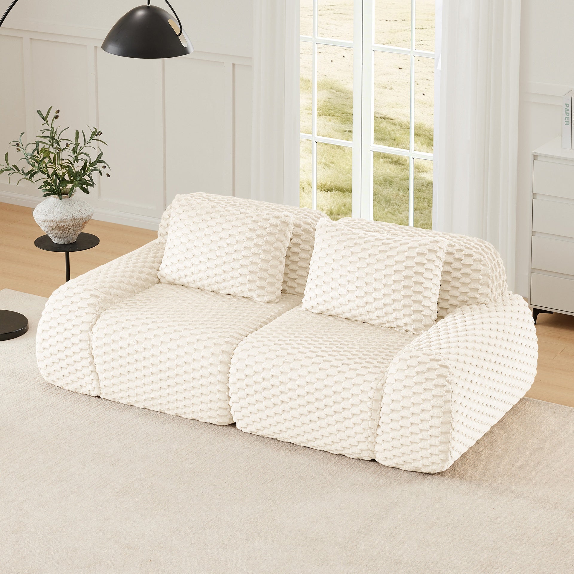 82" Modern Modular Sectional Sofa for Living Room,Flannelette Fabric,highly textured,Oversized 2-Seater Couch,boneless sofa,Deep Seat,Buckle connection,Anti-slip Design,No Assembly,Cream