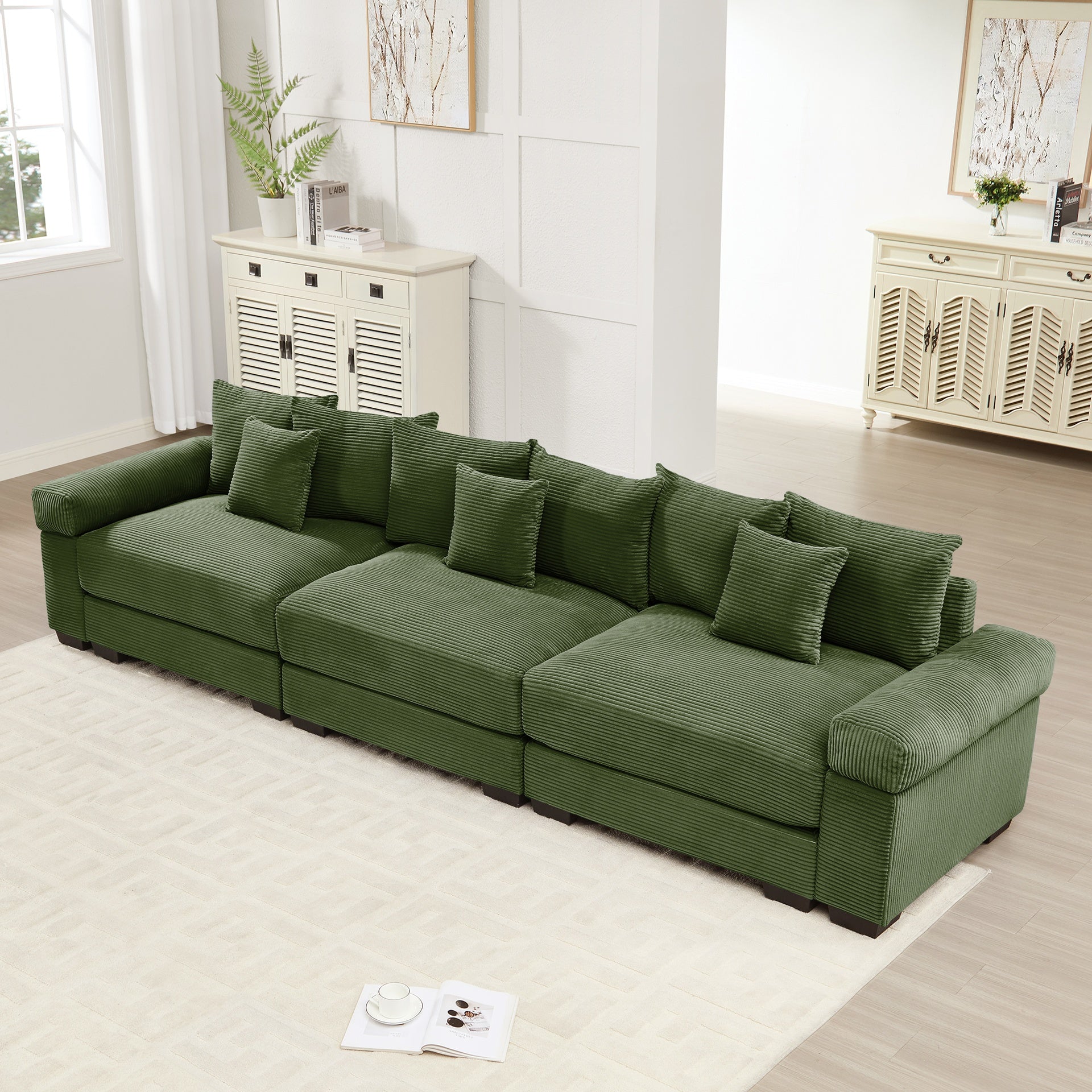 130" Oversized Cloud Modular Sectional Couch,Premium Corduroy 3-Seater Sofa Extra-Thick Armrests Good Resilience Cushion Ergonomic Design,Easy Assembly Suitable For Living Rooms Studies,Green