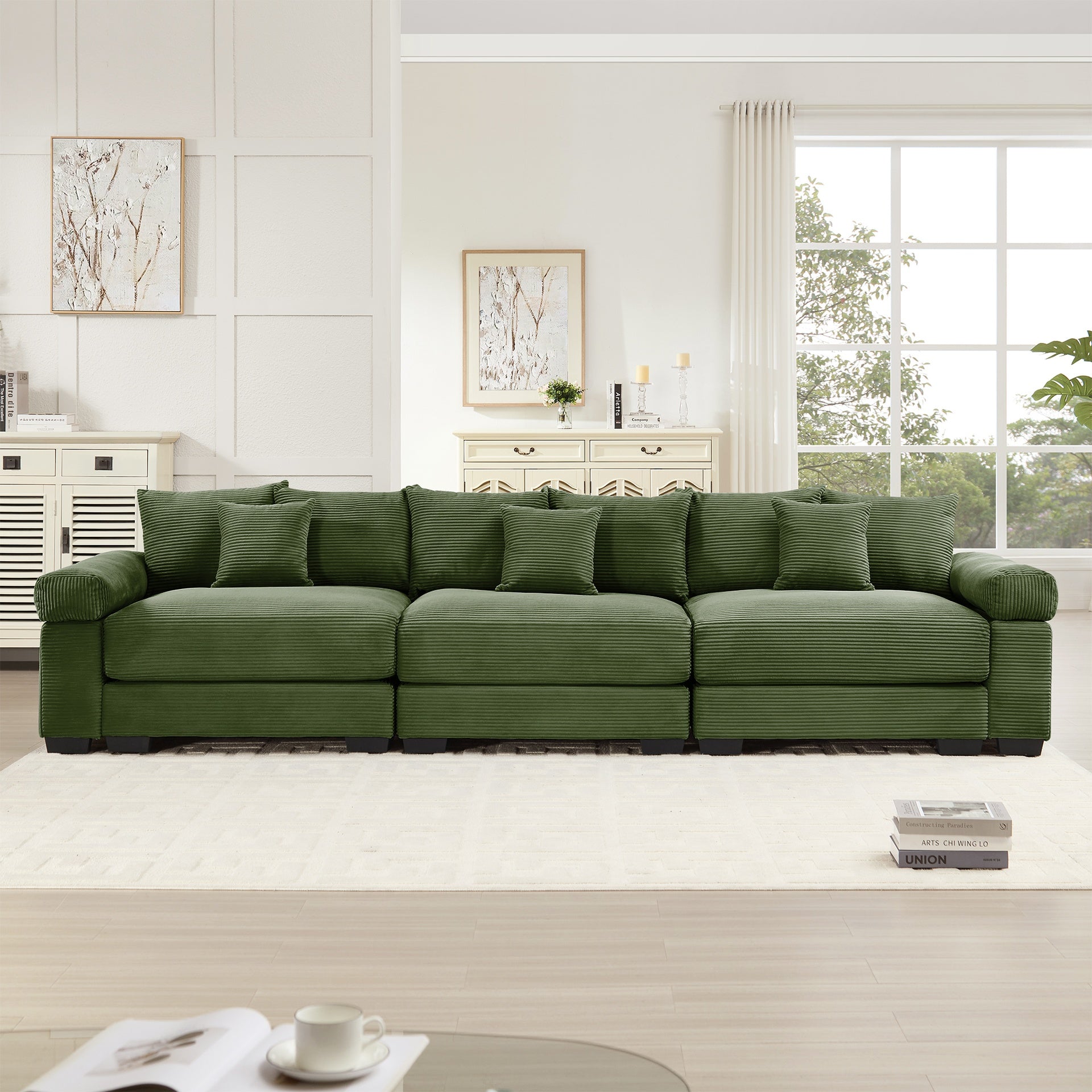 130" Oversized Cloud Modular Sectional Couch,Premium Corduroy 3-Seater Sofa Extra-Thick Armrests Good Resilience Cushion Ergonomic Design,Easy Assembly Suitable For Living Rooms Studies,Green