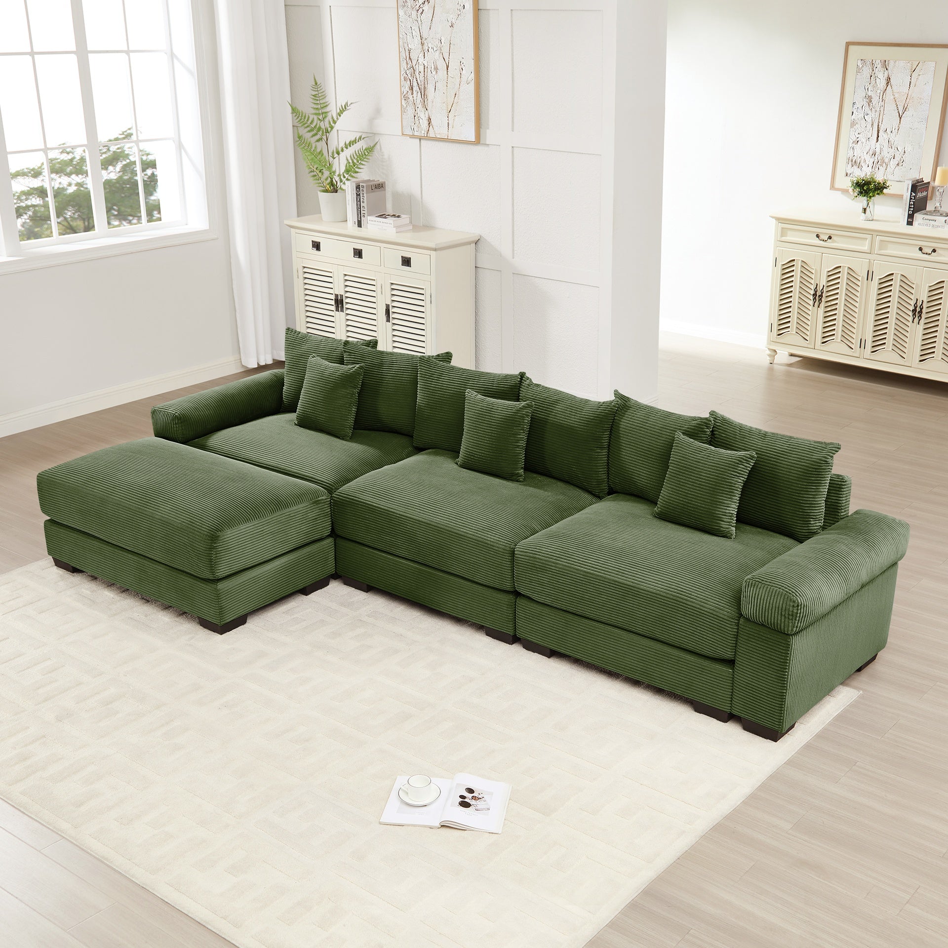 130" Oversized Cloud Modular L-Shape Sectional Couch,Soft Corduroy Fabric,With An Ottoman,Deep Seat Wide Armrest Ergonomic Design 9 Pillows Easy Assembly,For Living Rooms bedroom,Green