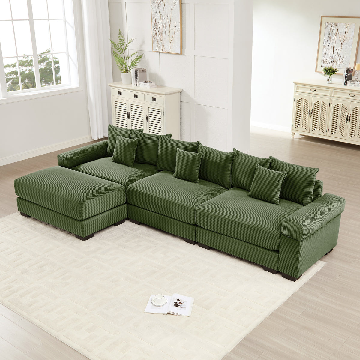 130" Oversized Cloud Modular L-Shape Sectional Couch,Soft Corduroy Fabric,With An Ottoman,Deep Seat Wide Armrest Ergonomic Design 9 Pillows Easy Assembly,For Living Rooms bedroom,Green