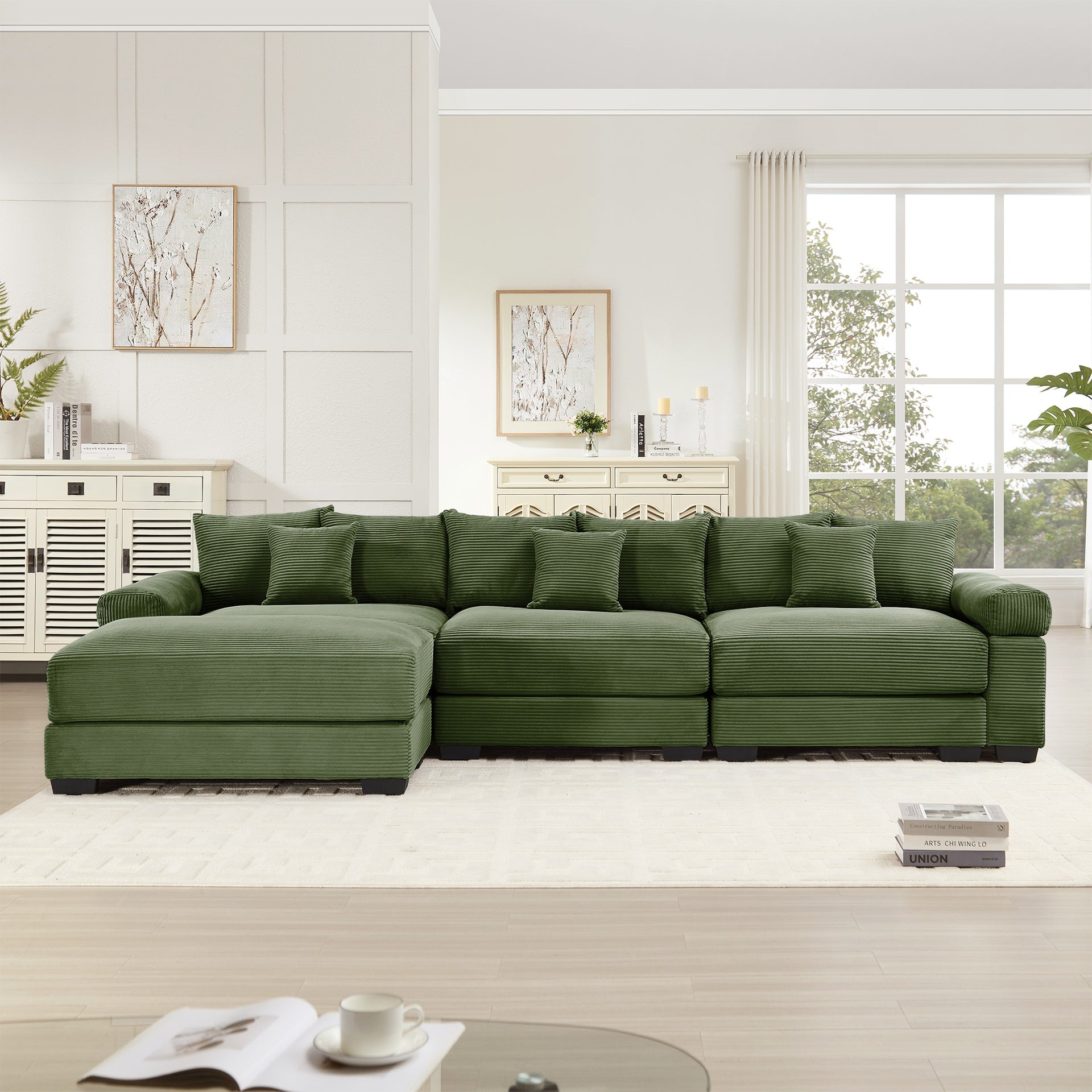 130" Oversized Cloud Modular L-Shape Sectional Couch,Soft Corduroy Fabric,With An Ottoman,Deep Seat Wide Armrest Ergonomic Design 9 Pillows Easy Assembly,For Living Rooms bedroom,Green