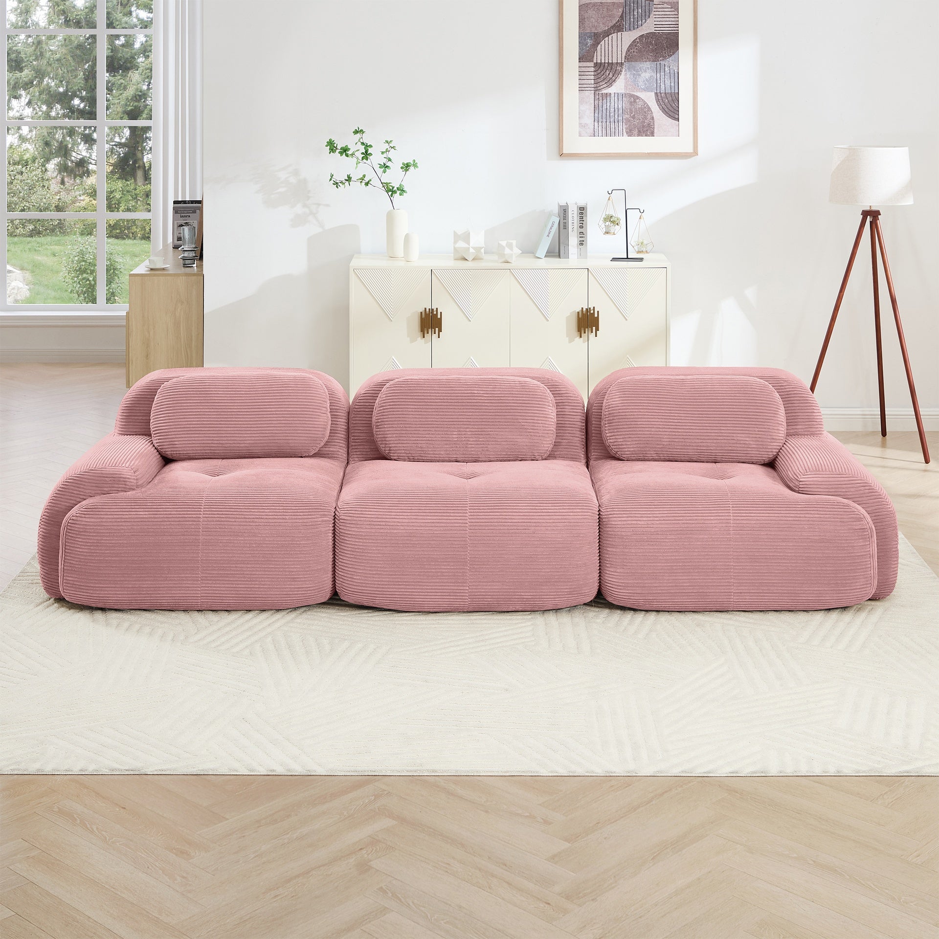 3-seat sofa premiumCorduroy Fabric fabric modular multi-combination anti-slip design no assembly curved armrests ergonomic support high-resilience sponge for living rooms bedrooms,Pink