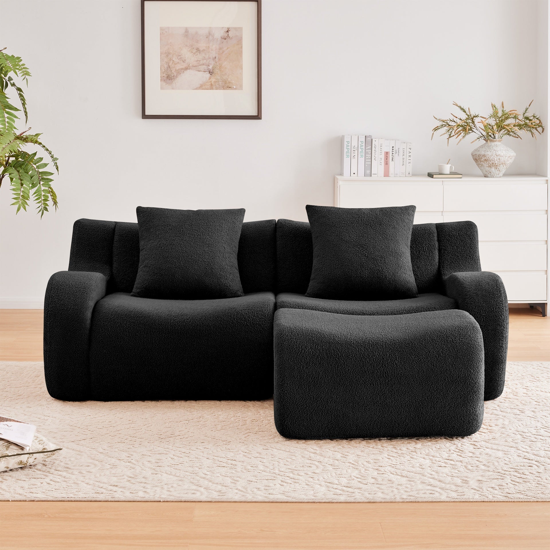 L-Shaped Teddy Fabric 2-Seat Boneless Sofa,No Assembly Required Curved Armrest,Streamlined Design Ergonomic Design,32D High Density Sponge For Living Rooms Rest Areas Bedroom,Black