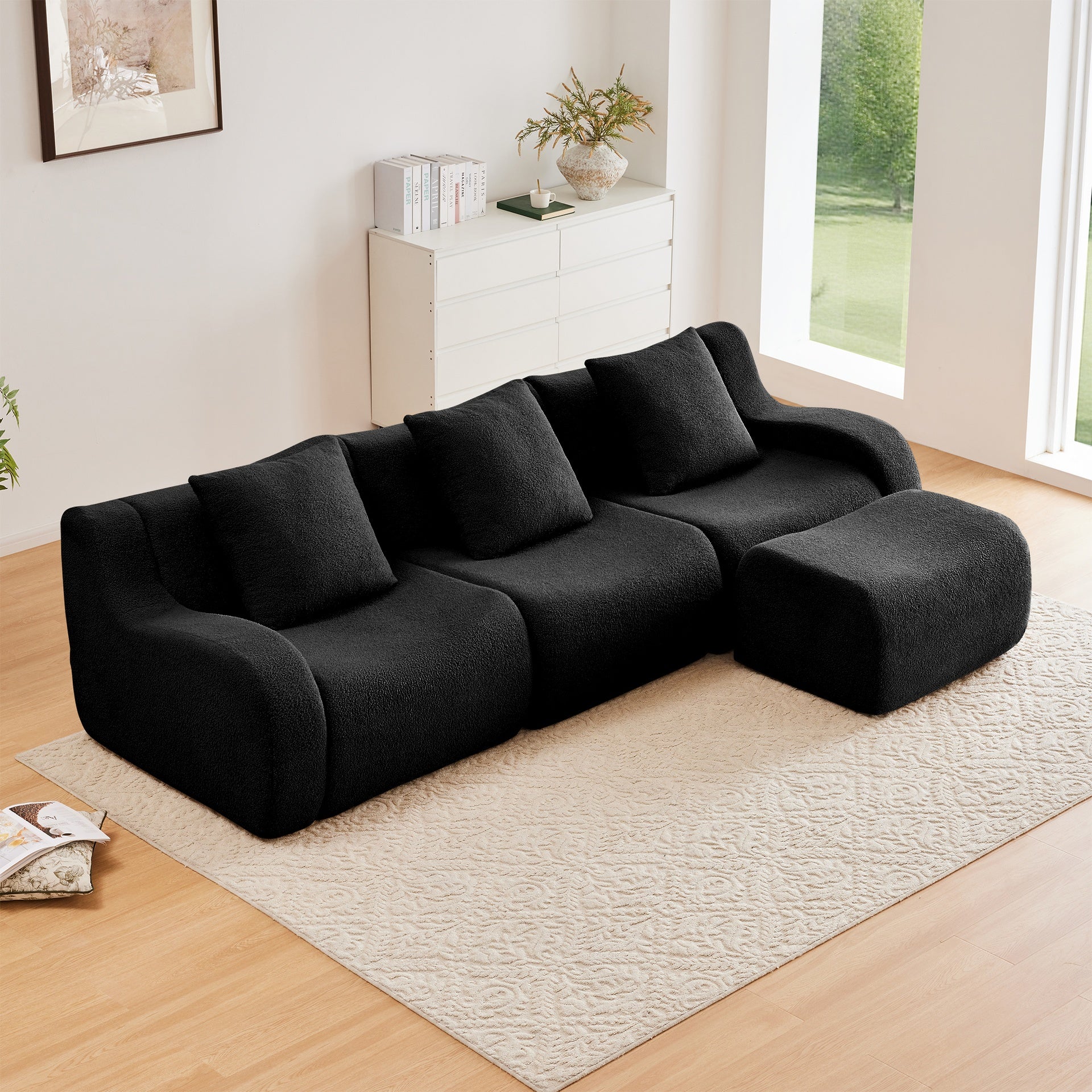 Boneless Sofa,3 Seat High-Quality Teddy Fabric,Anti-Slip Design,No Assembly Curved Armrests Streamlined Design,Assembly Chaise 32D High Density Sponge For Living Rooms Bedrooms,Black