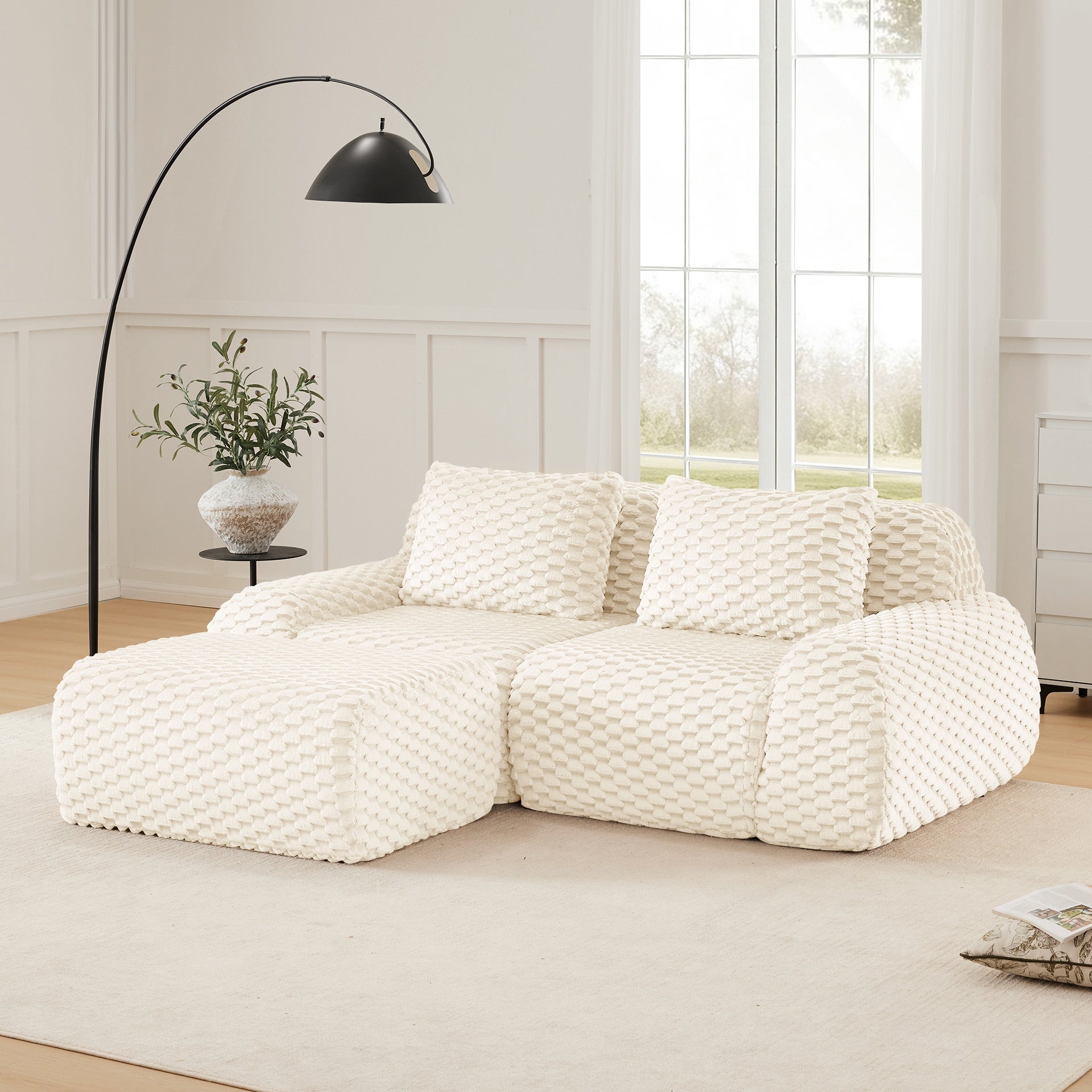 82" Modern L-Shaped Modular Sectional Sofa for Living Room,Flannelette Fabric,Oversized 2-Seater Couch,Deep Seat,boneless sofa ,Movable Ottoman,Buckle connection,Anti-slip Design,No Assembly,Cream