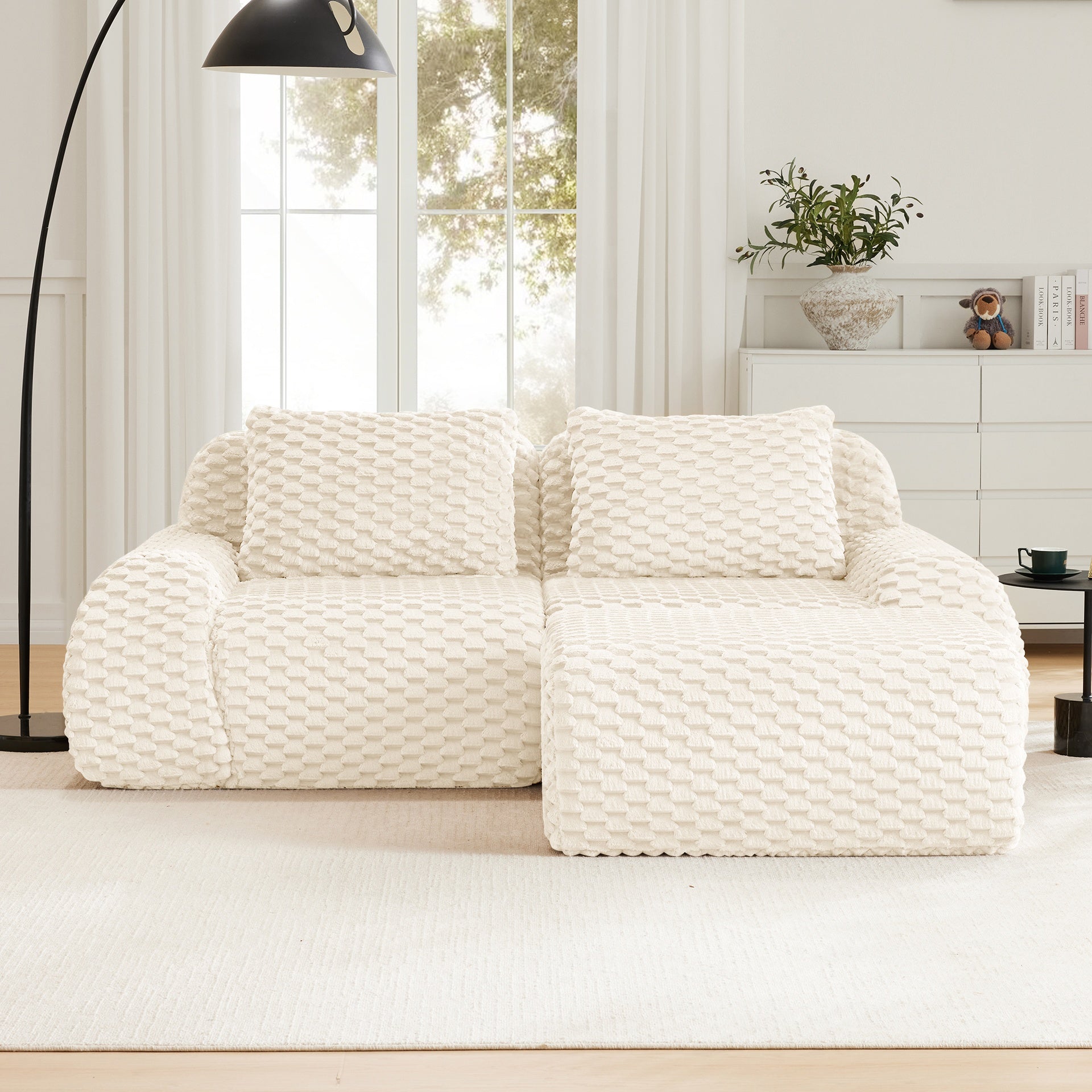 82" Modern L-Shaped Modular Sectional Sofa for Living Room,Flannelette Fabric,Oversized 2-Seater Couch,Deep Seat,boneless sofa ,Movable Ottoman,Buckle connection,Anti-slip Design,No Assembly,Cream