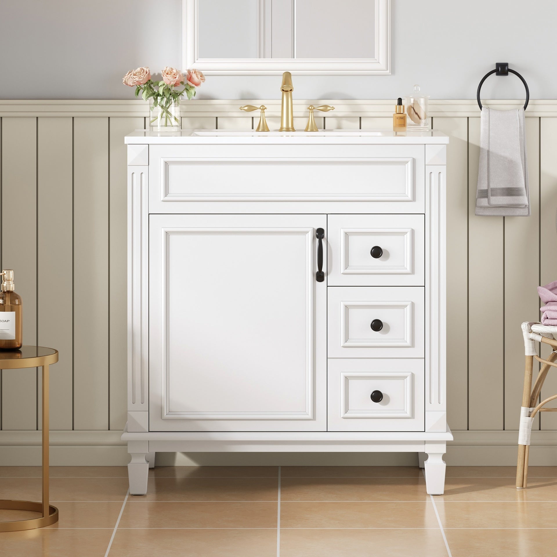 30" Bathroom Vanity with Ceramic Sink, Small Bathroom Sink Cabinet, Modern Cabinet with 2 Drawers and Adjustable Shelf