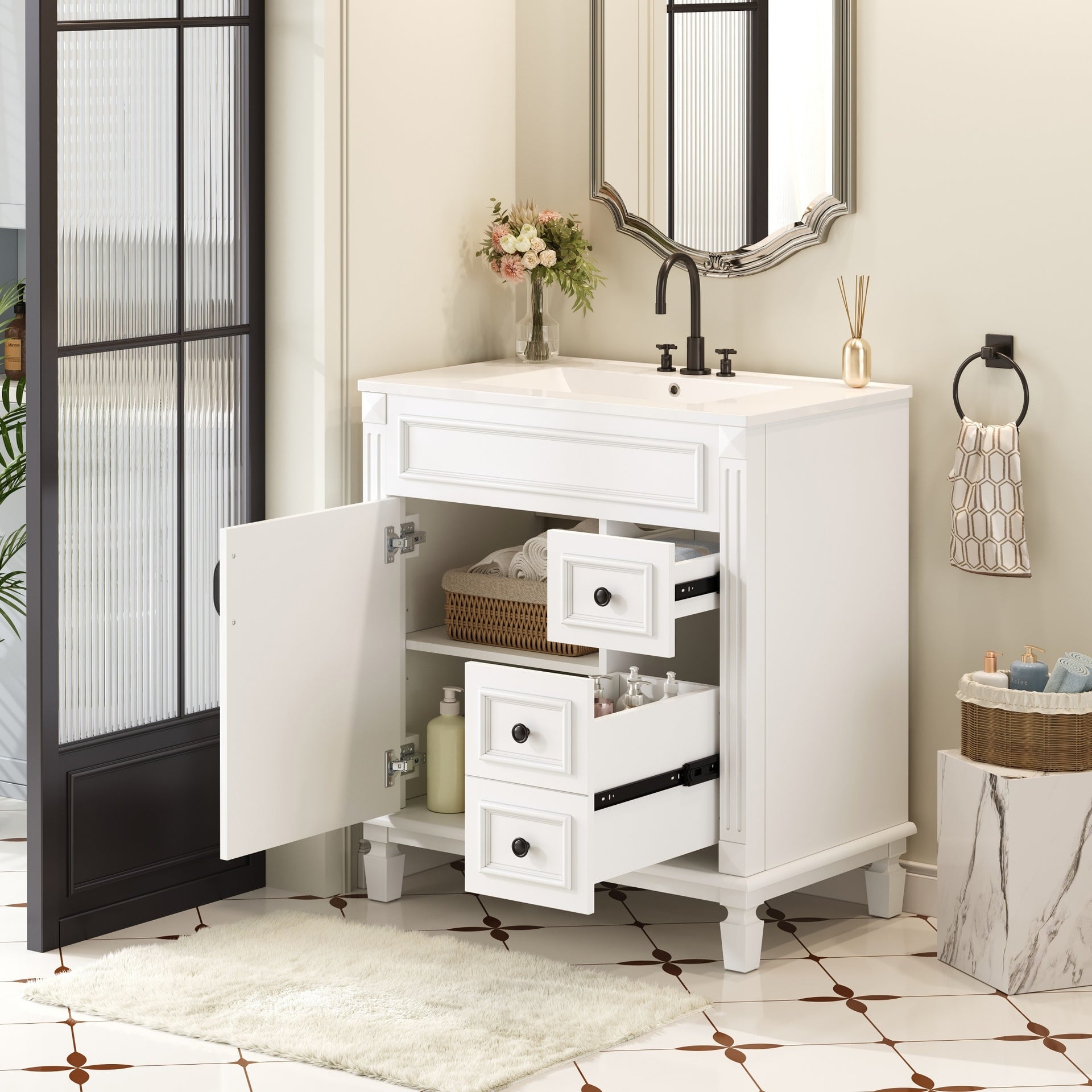 30" Bathroom Vanity with Ceramic Sink, Small Bathroom Sink Cabinet, Modern Cabinet with 2 Drawers and Adjustable Shelf