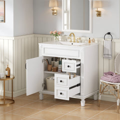 30" Bathroom Vanity with Ceramic Sink, Small Bathroom Sink Cabinet, Modern Cabinet with 2 Drawers and Adjustable Shelf