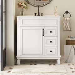 30" Bathroom Vanity with Ceramic Sink, Small Bathroom Sink Cabinet, Modern Cabinet with 2 Drawers and Adjustable Shelf