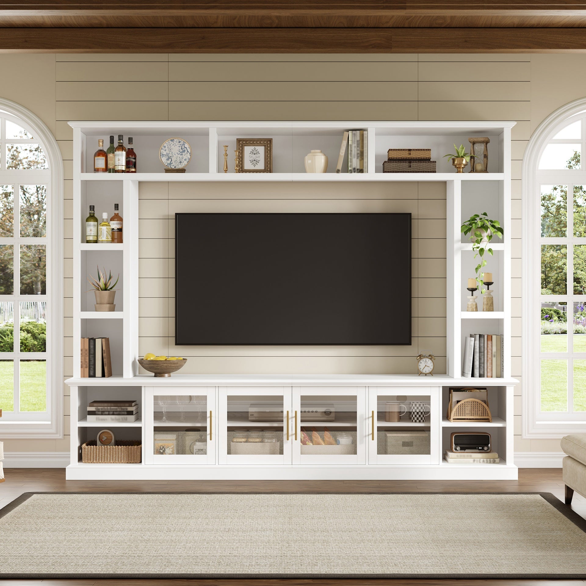 Entertainment Center Wall Unit for TVs up to 80", All-in-One Modern Entertainment Center with Bookshelves & Tempered Glass Doors, TV Console Unit with Shelving for Living Room, Entertainment