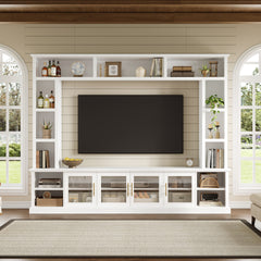 Entertainment Center Wall Unit for TVs up to 80", All-in-One Modern Entertainment Center with Bookshelves & Tempered Glass Doors, TV Console Unit with Shelving for Living Room, Entertainment