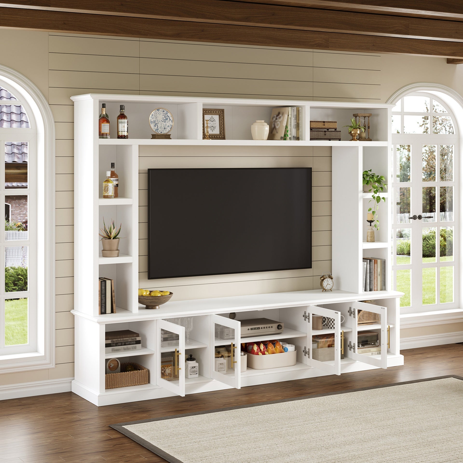 Entertainment Center Wall Unit for TVs up to 80", All-in-One Modern Entertainment Center with Bookshelves & Tempered Glass Doors, TV Console Unit with Shelving for Living Room, Entertainment