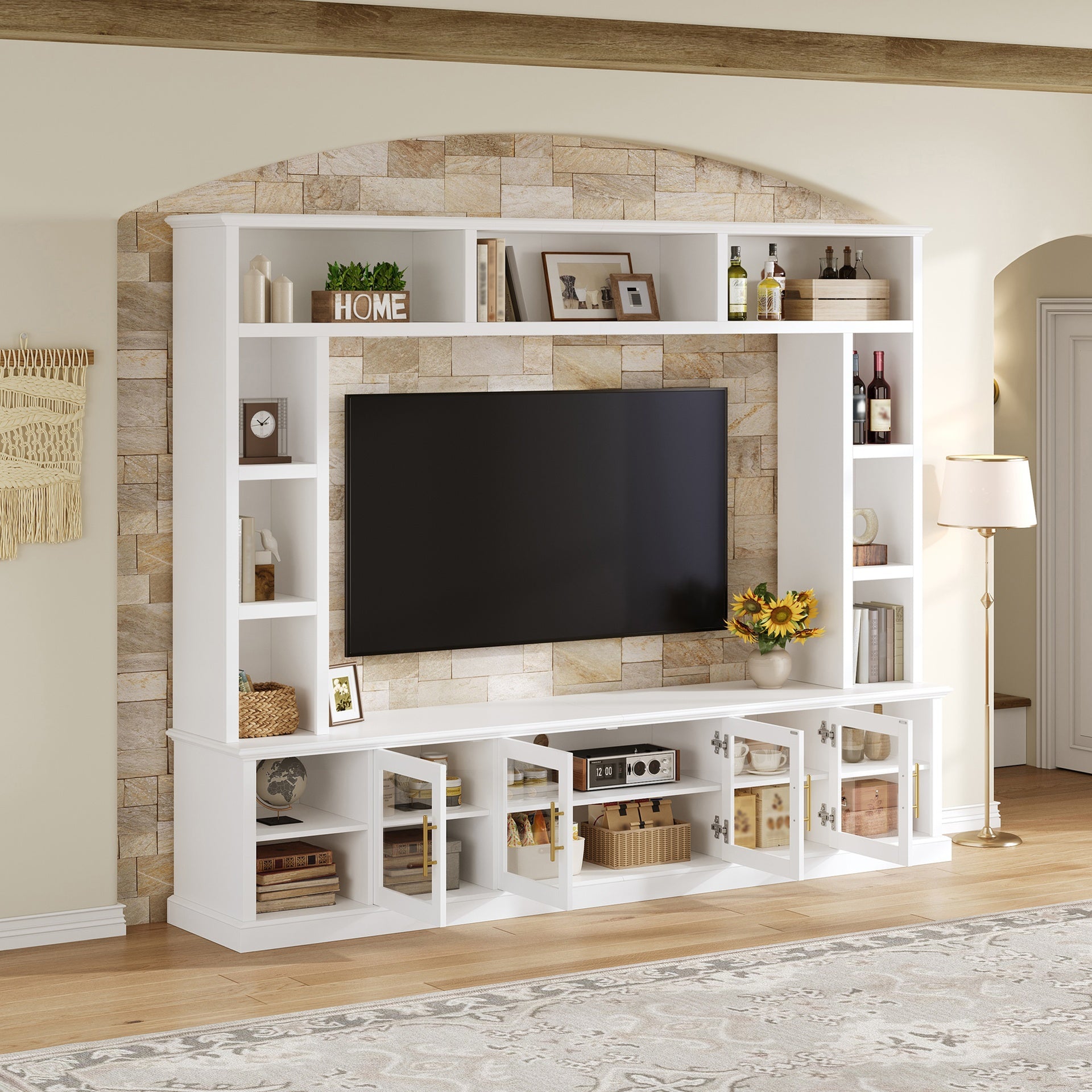 Entertainment Center Wall Unit for TVs up to 80", All-in-One Modern Entertainment Center with Bookshelves & Tempered Glass Doors, TV Console Unit with Shelving for Living Room, Entertainment