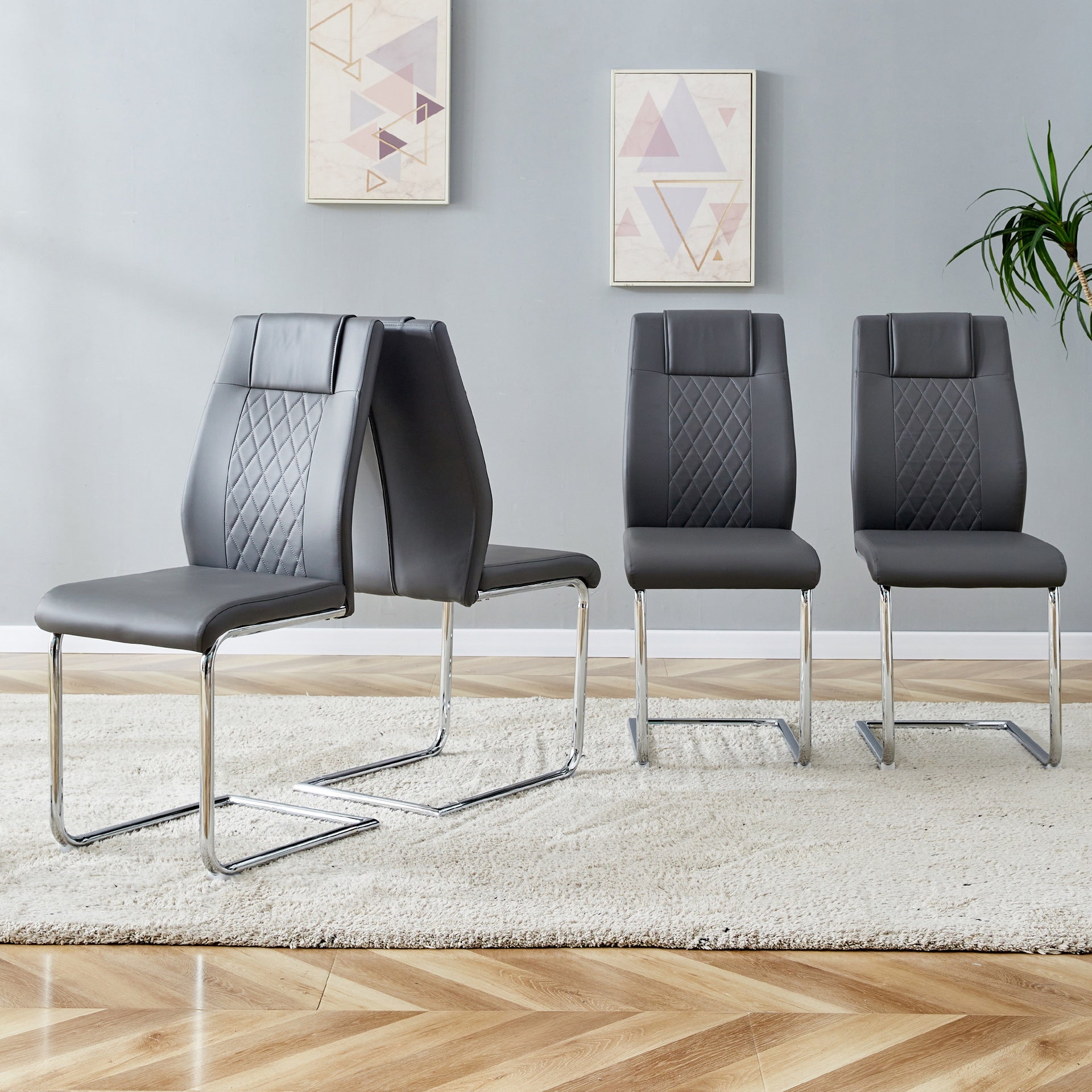 Modern Dining Chairs with Faux Leather Padded Seat Dining Living Room Chairs Upholstered Chair with Metal Legs Design for Kitchen, Living, Bedroom, Dining Room Side Chairs Set of 8 (Grey+PU)C-001