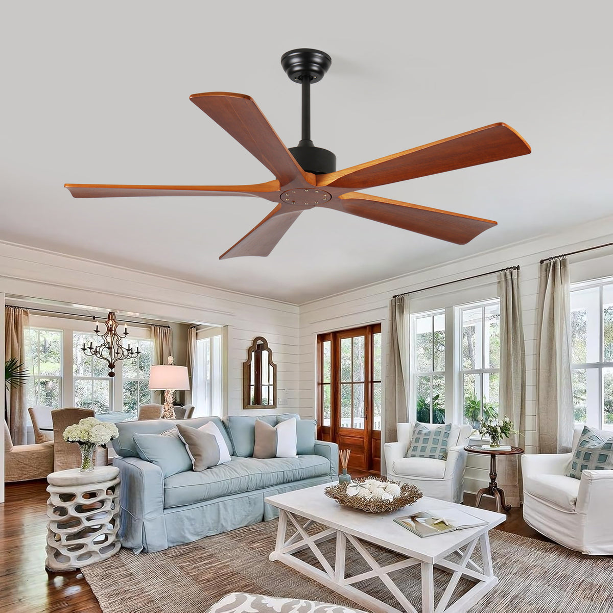 52 Inch Ceiling Fans and Remote, Wood Indoor Outdoor Ceiling Fan with Light for Patios Living Room Bedroom 5 Blades DC Motor Mid Century Modern Wooden Fan