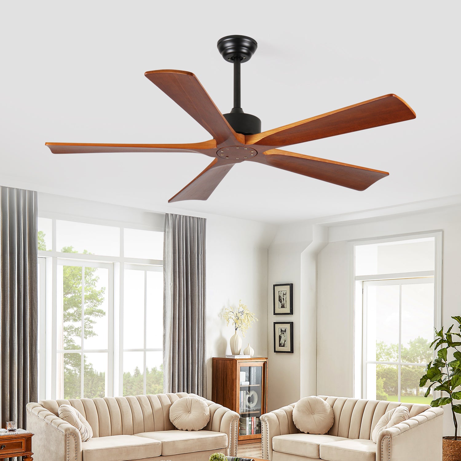 52 Inch Ceiling Fans and Remote, Wood Indoor Outdoor Ceiling Fan with Light for Patios Living Room Bedroom 5 Blades DC Motor Mid Century Modern Wooden Fan