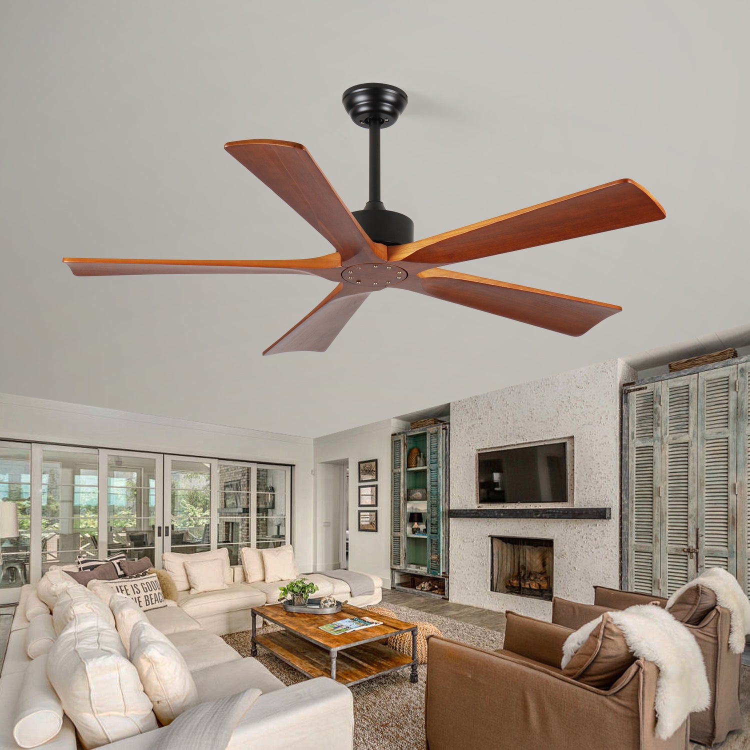 52 Inch Ceiling Fans and Remote, Wood Indoor Outdoor Ceiling Fan with Light for Patios Living Room Bedroom 5 Blades DC Motor Mid Century Modern Wooden Fan