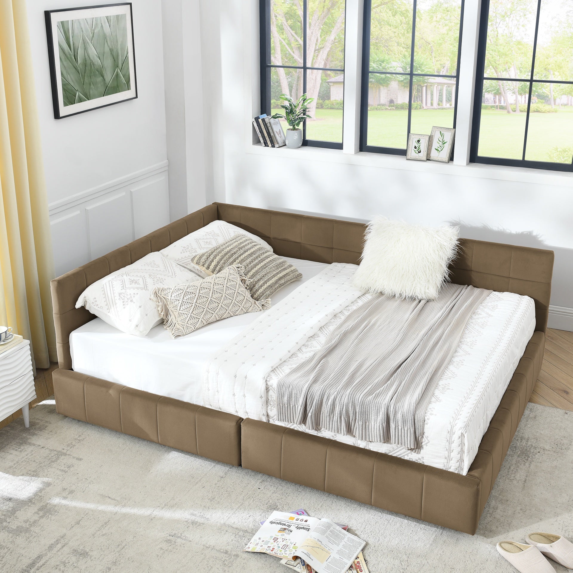 Queen Size Storage Upholstered Tufted Bed Frame, Sofa Bed Frame with Comfortable Backrest and Armrests, Queen Size Bed for Bedroom, Living Room,Velvet, BROWN(85.5''*64.5''*29.5'')