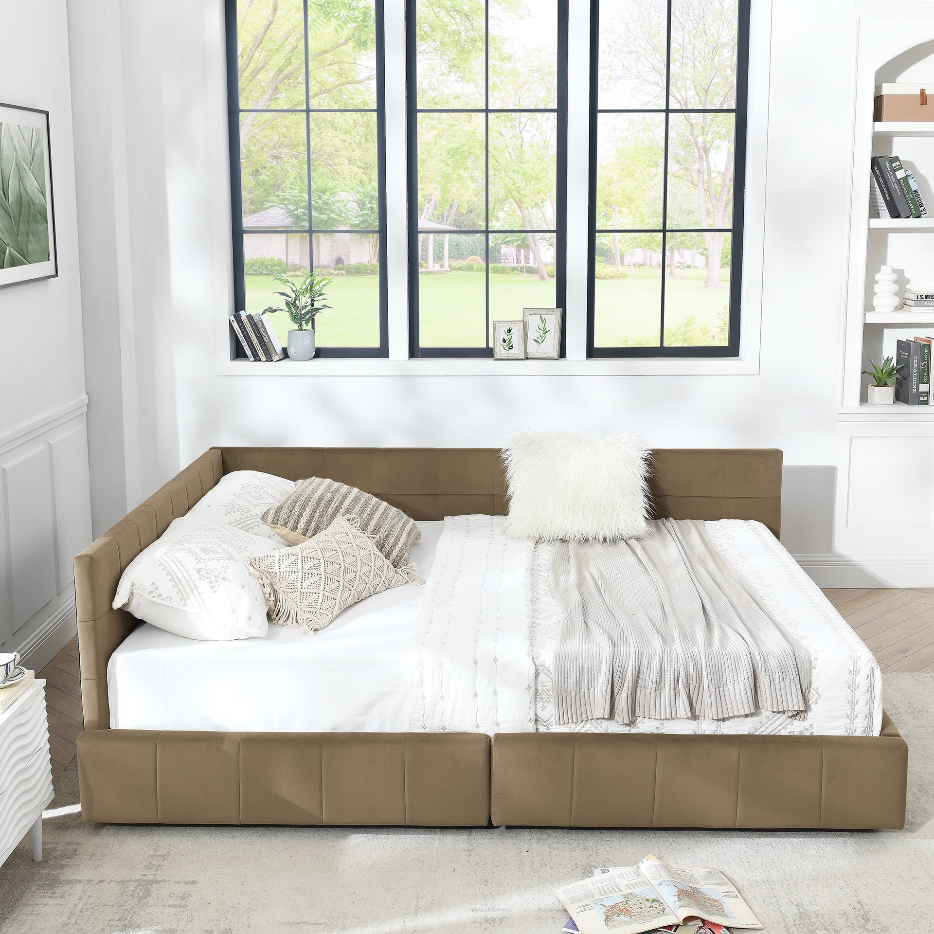 Queen Size Storage Upholstered Tufted Bed Frame, Sofa Bed Frame with Comfortable Backrest and Armrests, Queen Size Bed for Bedroom, Living Room,Velvet, BROWN(85.5''*64.5''*29.5'')