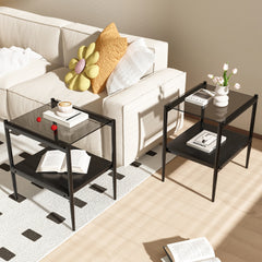 Set of 2 Rectangle End Table, Tempered Glass Tabletop with MDF layer, Modern Table for Living Room , Gray Glass