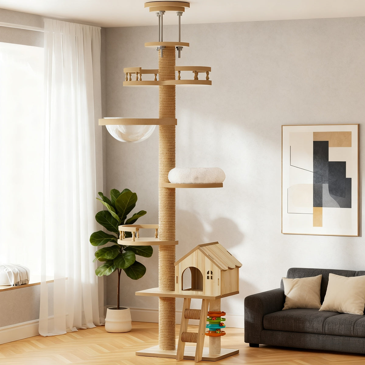 Floor to Ceiling Cat Tree, Cat Tower with Scratching Post, Adjustable Height(98-110 Inch), Large Wood Condo Cave Bed and Hammock, Modern Cat Activity Tree