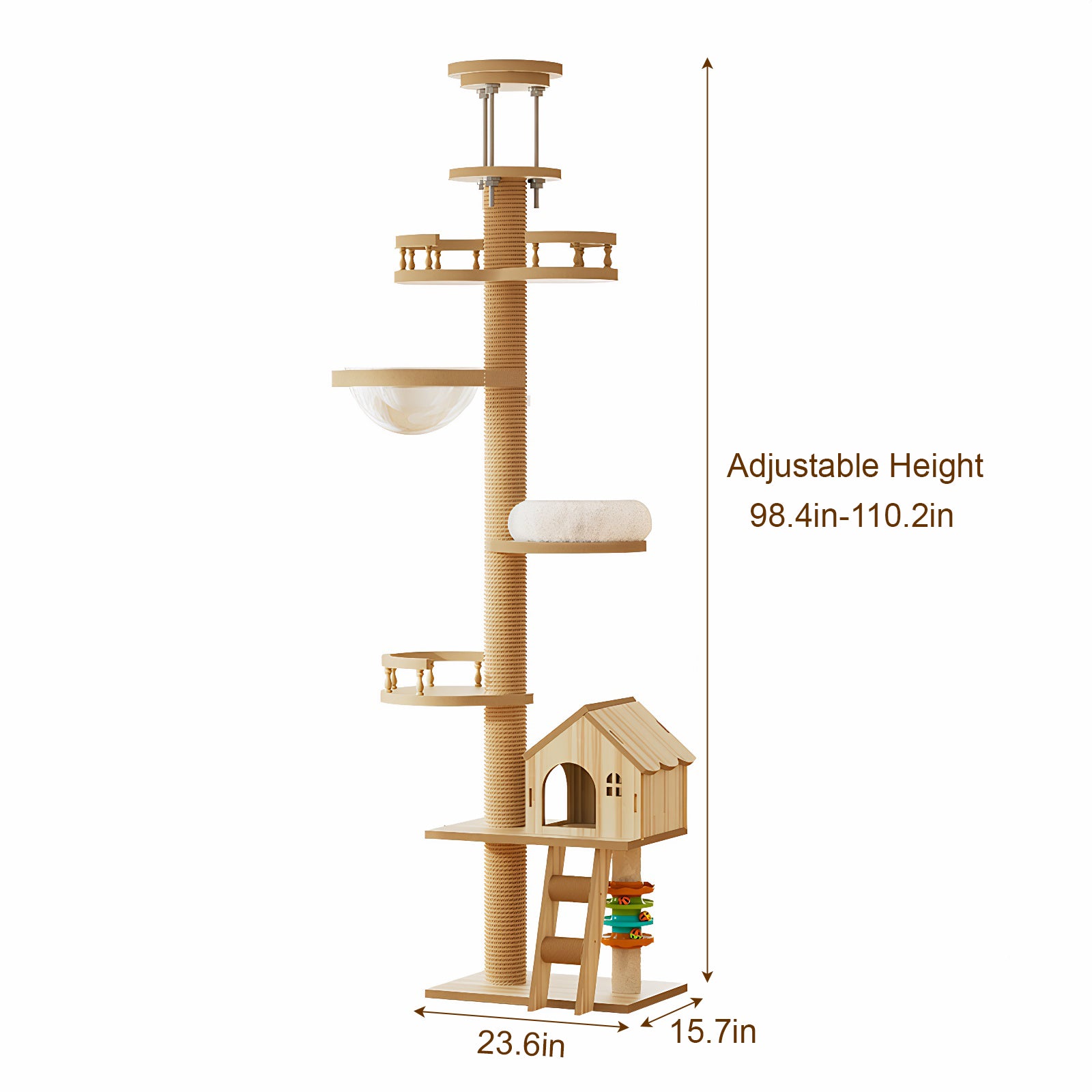 Floor to Ceiling Cat Tree, Cat Tower with Scratching Post, Adjustable Height(98-110 Inch), Large Wood Condo Cave Bed and Hammock, Modern Cat Activity Tree