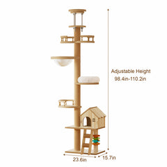 Floor to Ceiling Cat Tree, Cat Tower with Scratching Post, Adjustable Height(98-110 Inch), Large Wood Condo Cave Bed and Hammock, Modern Cat Activity Tree