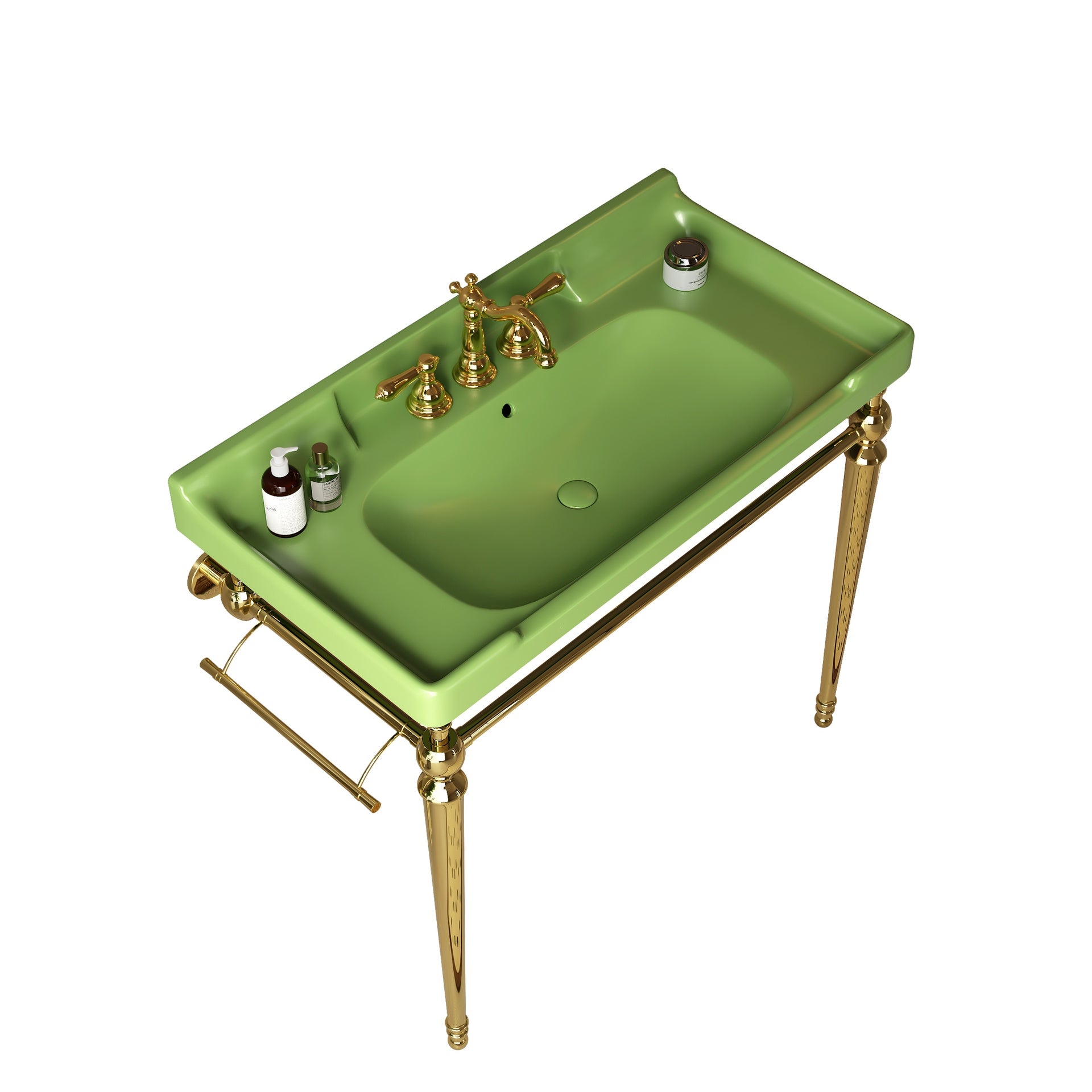 VICI 36" Bathroom Console Sink, Wall-Mounted Green Ceramic Vanity Basin with 3 Pre-drilled Faucet Holes, Freestanding Stainless Steel Support Legs with Towel Bar, No Faucet & Sink Cover, Gold Color