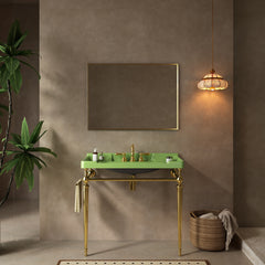 VICI 36" Bathroom Console Sink, Wall-Mounted Green Ceramic Vanity Basin with 3 Pre-drilled Faucet Holes, Freestanding Stainless Steel Support Legs with Towel Bar, No Faucet & Sink Cover, Gold Color