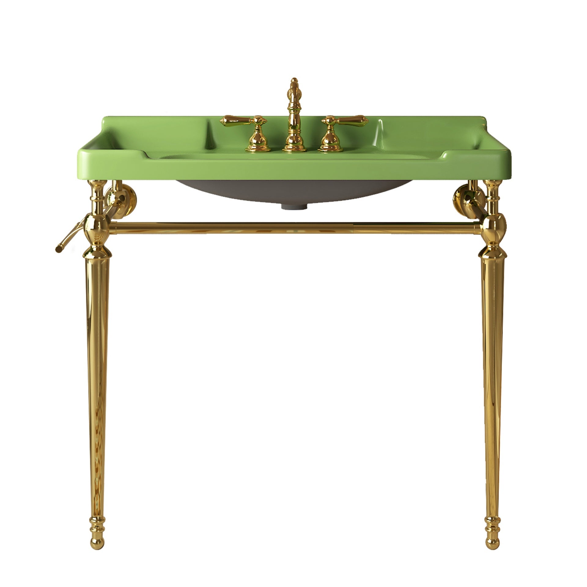 VICI 36" Bathroom Console Sink, Wall-Mounted Green Ceramic Vanity Basin with 3 Pre-drilled Faucet Holes, Freestanding Stainless Steel Support Legs with Towel Bar, No Faucet & Sink Cover, Gold Color